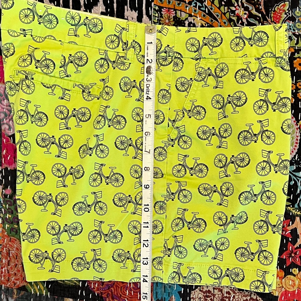 Crown & Ivy navy bicycle pattern on light green shorts